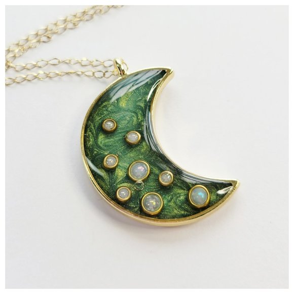 Crescent Moon Pendant Necklace Metallic Forest Green and Gold Handmade Necklace - Picture 4 of 10